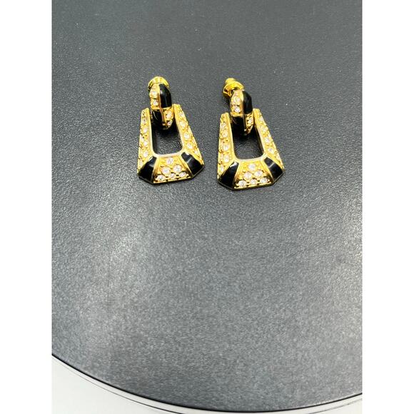 SWAROVSKI SAL Genuine Crystal Black Enamel Pierced Dangle Earrings DoorKnocker - Picture 2 of 8